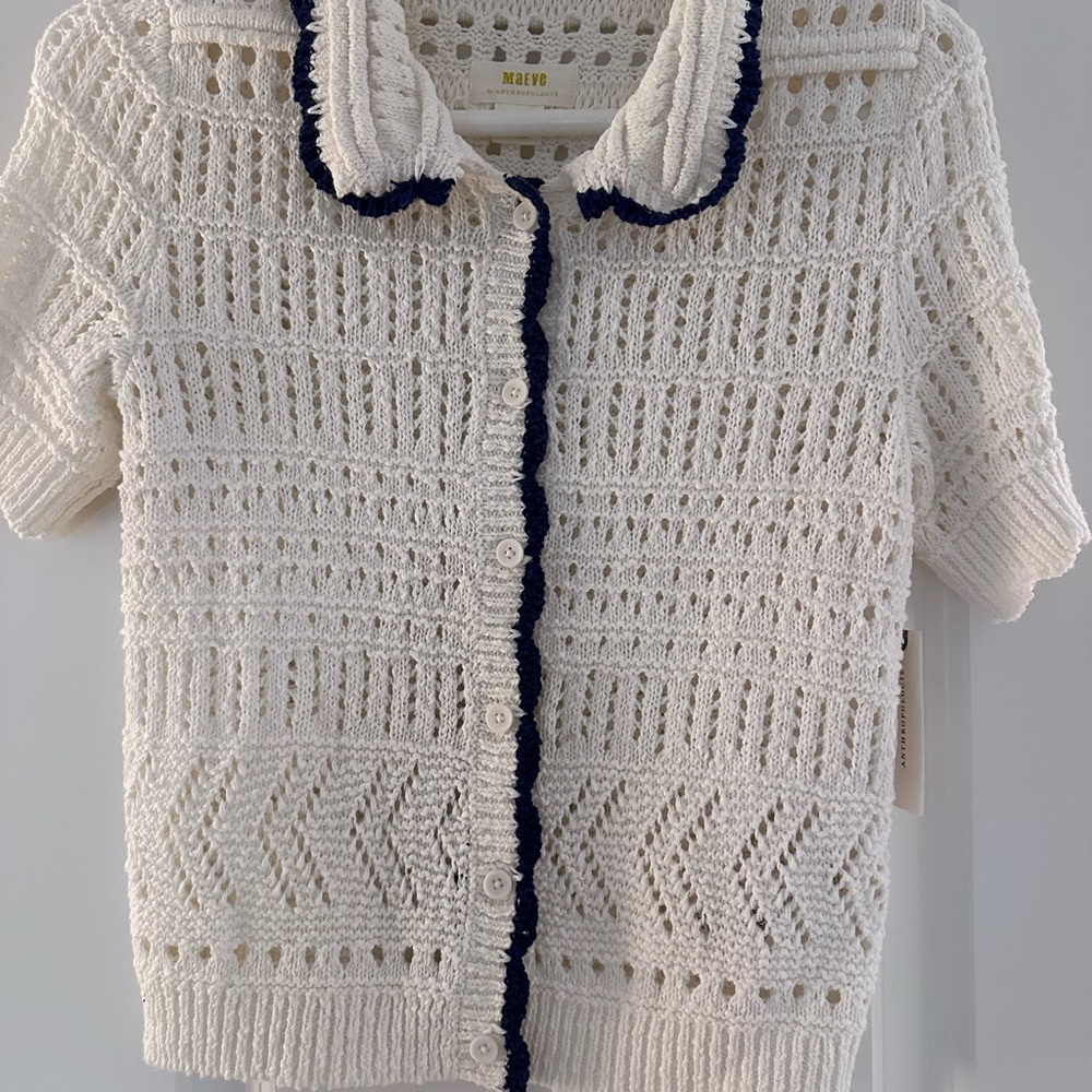 Maeve Anthropologie Cream and Navy Crochet Cardigan